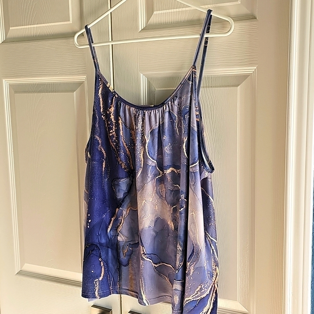 New 3XL Galaxy Print  Spaghetti Strap Silky Wrinkle Free Tank Top Blues & Golds - Picture 4 of 11